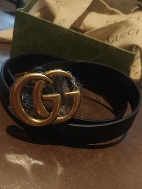 Black Leather Belt with Gold Double G Buckle Fashion Rep